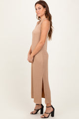 Light Taupe Jacquard Sleeveless Side Slit Midi Dress