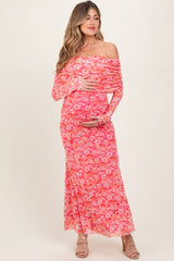 Pink Floral Mesh Off Shoulder Long Sleeve Maternity Maxi Dress