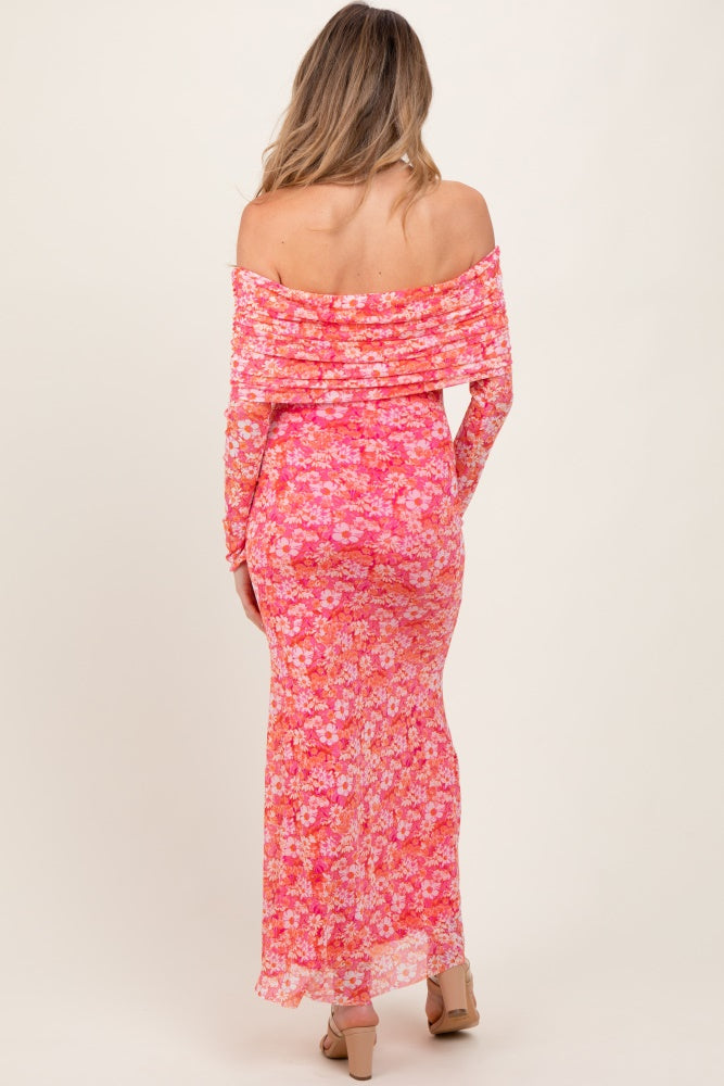 Pink Floral Mesh Off Shoulder Long Sleeve Maternity Maxi Dress – PinkBlush