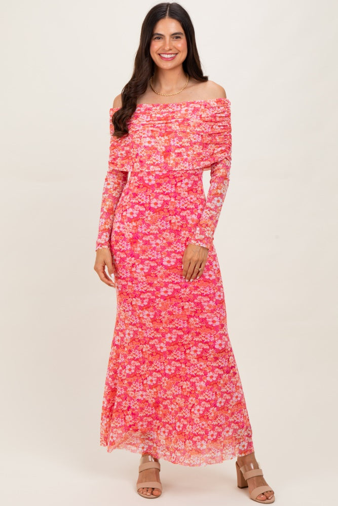 Pink Floral Mesh Off Shoulder Long Sleeve Maxi Dress