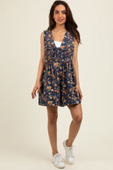 Navy Floral Denim Front Tie Maternity Romper