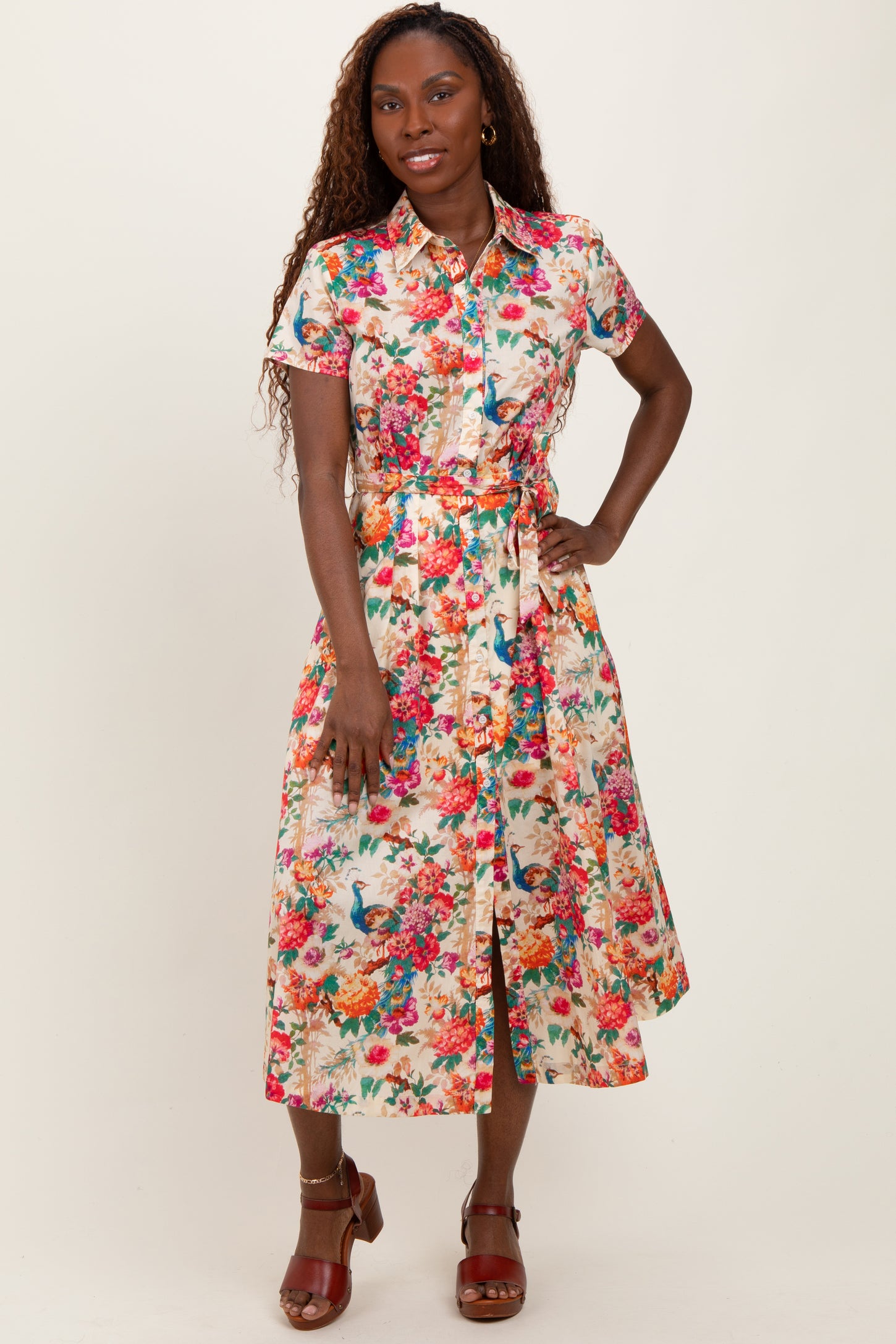 Cream Floral Button Down Midi Shirt Dress