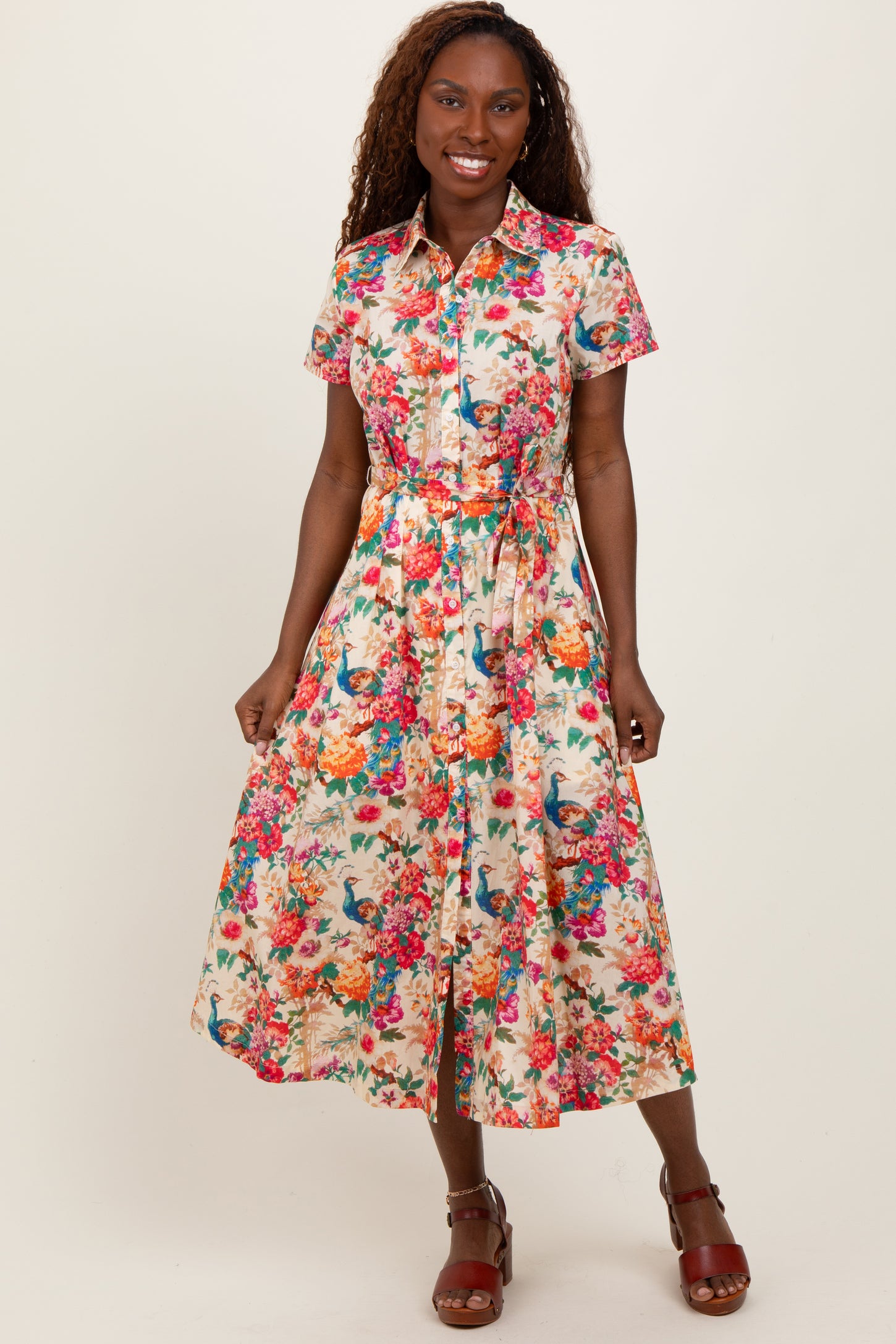 Cream Floral Button Down Maternity Midi Shirt Dress PinkBlush Cream Floral Button Down Maternity Midi Shirt Dress PinkBlush