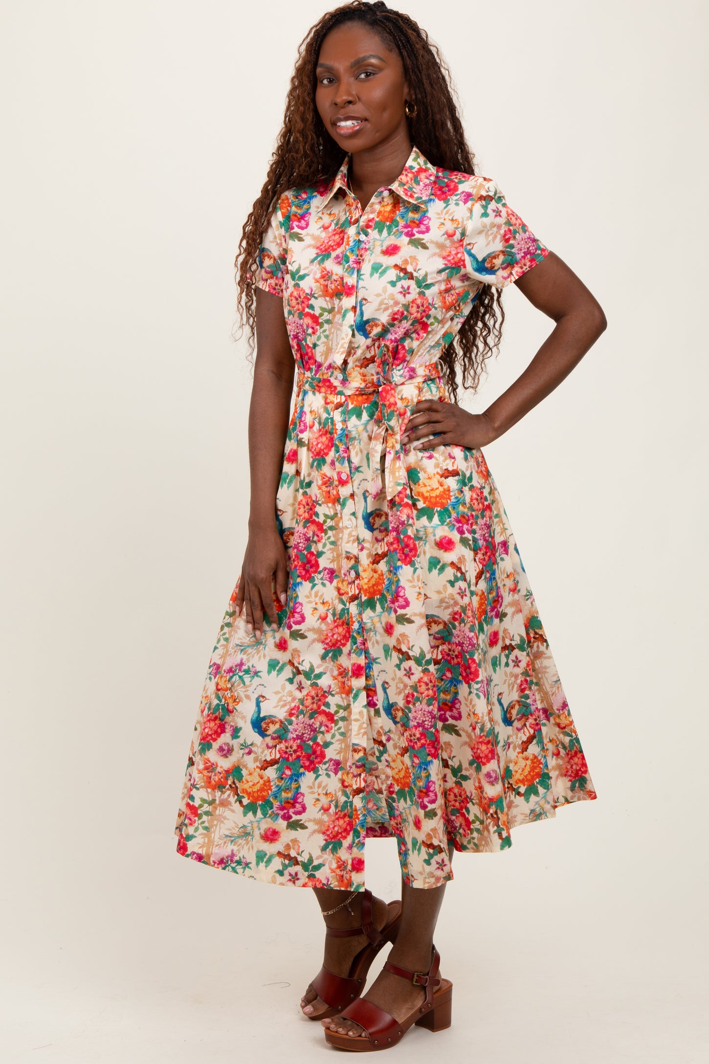 Cream Floral Button Down Midi Shirt Dress