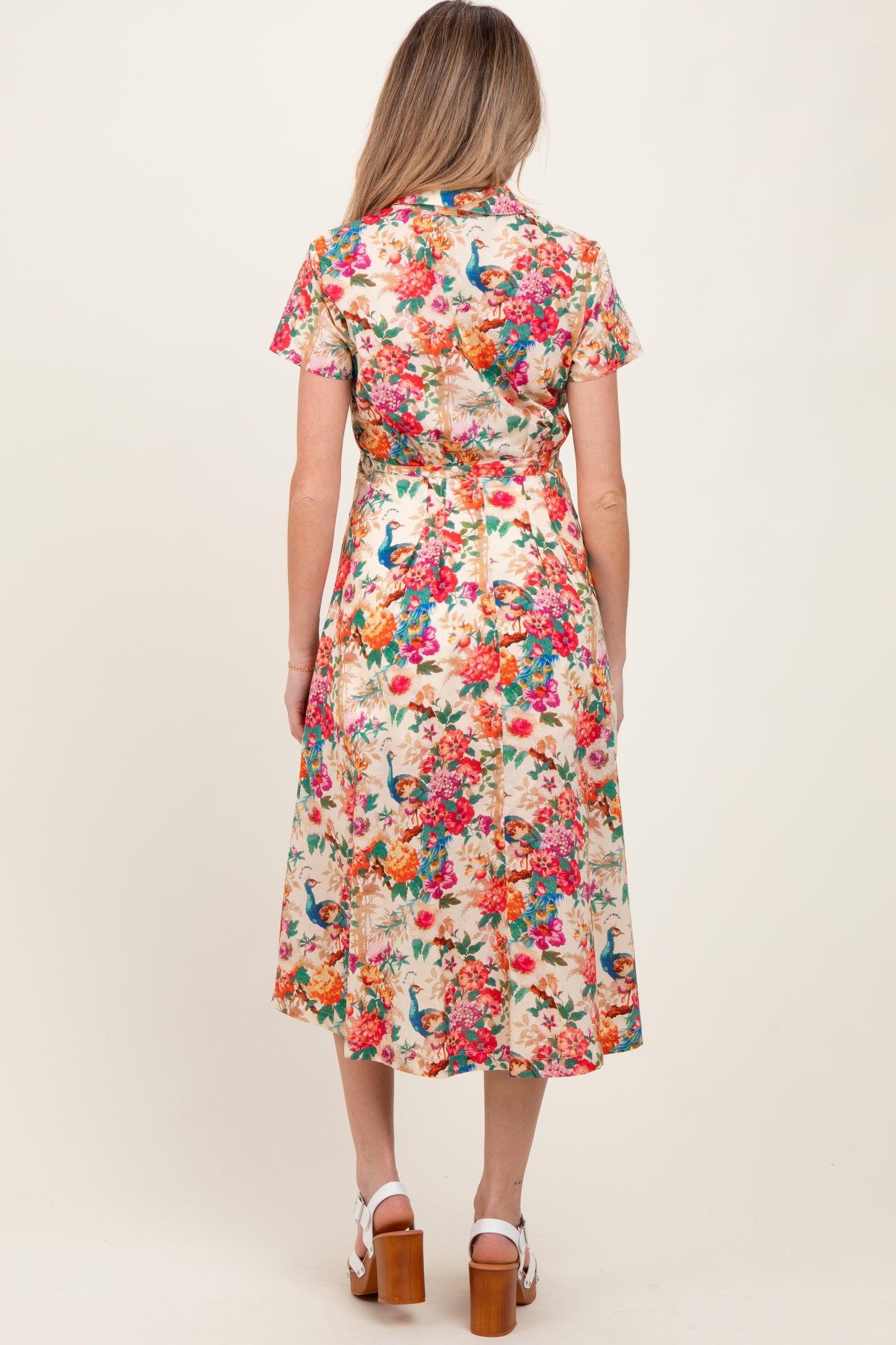 Cream Floral Button Down Maternity Midi Shirt Dress