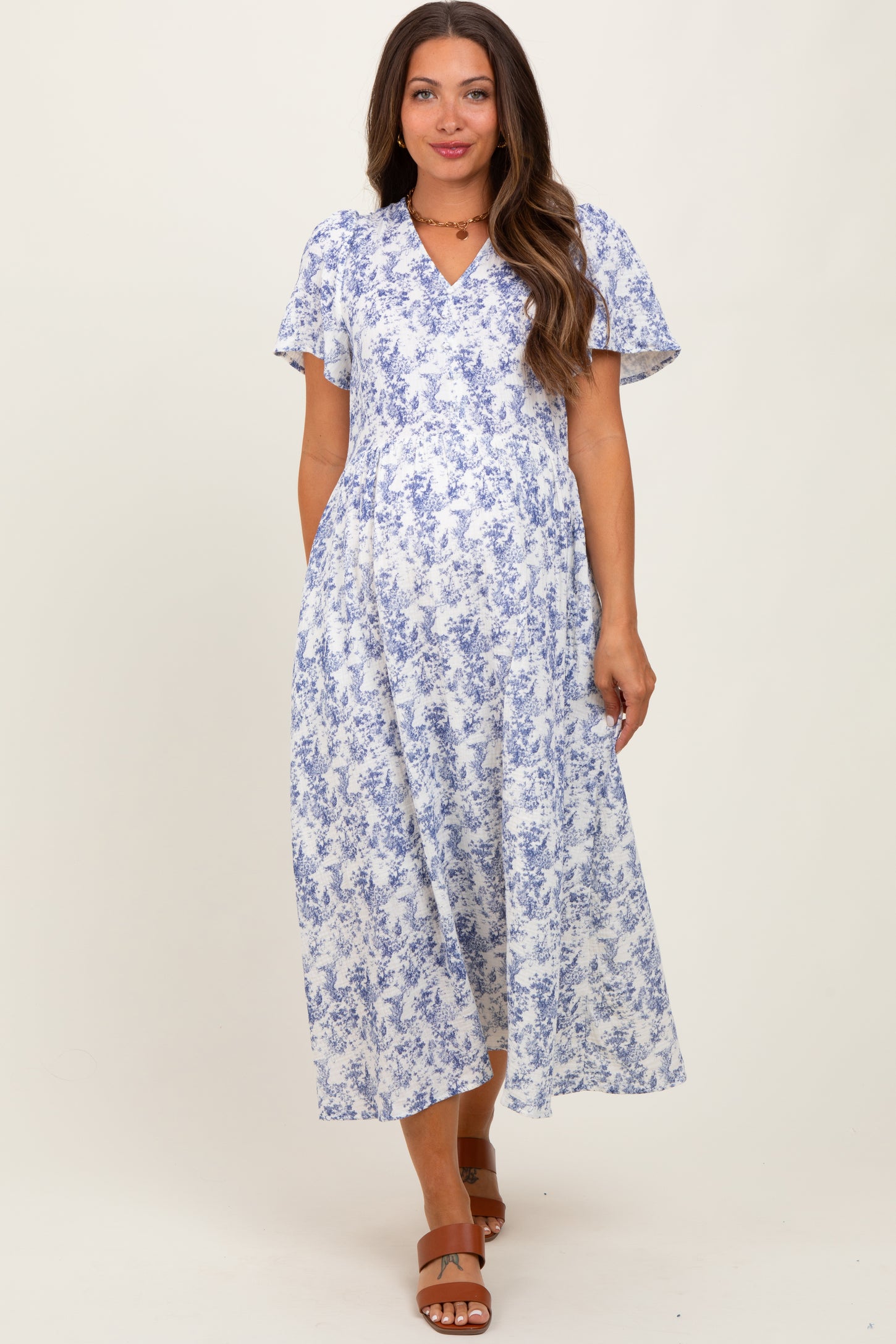 Blue Floral Button Up Tiered Maternity Midi Dress