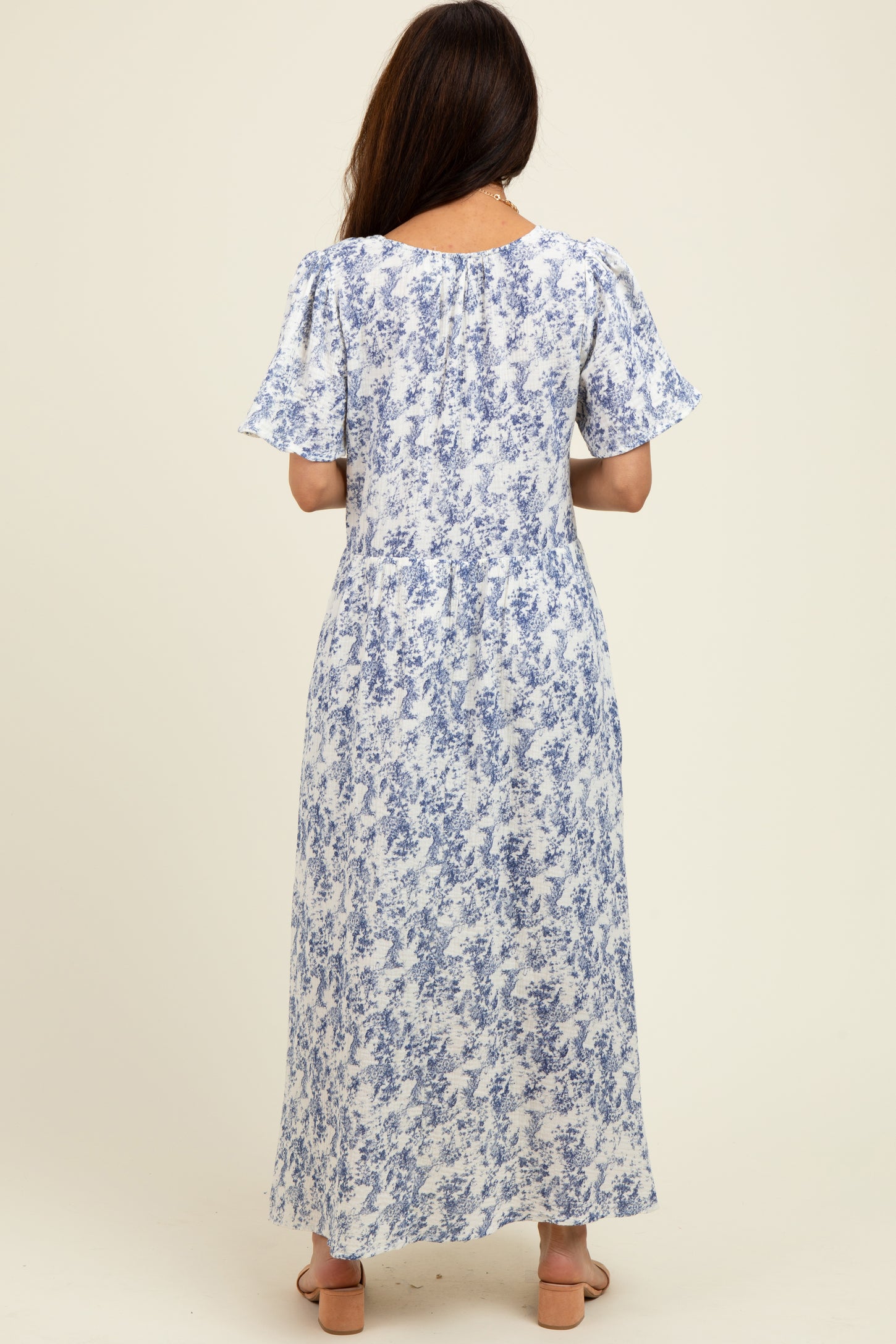 Blue Floral Button Up Tiered Midi Dress