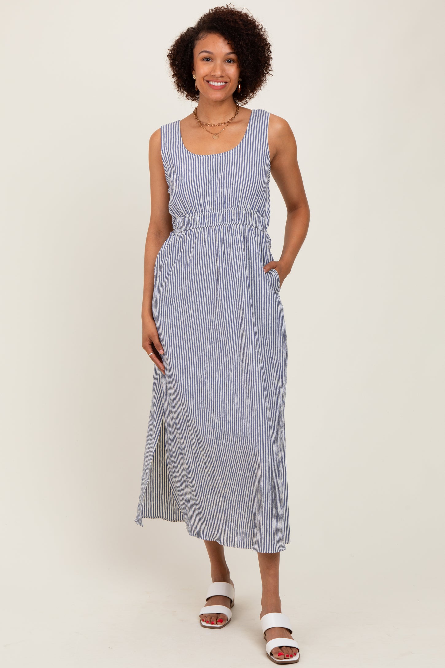 Navy Striped Sleeveless Cutout Side Slit Maxi Dress