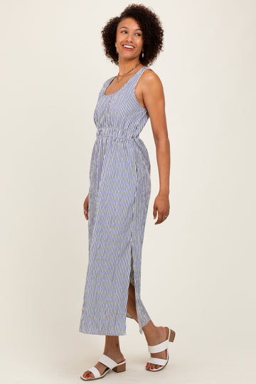 Navy Striped Sleeveless Cutout Side Slit Maxi Dress