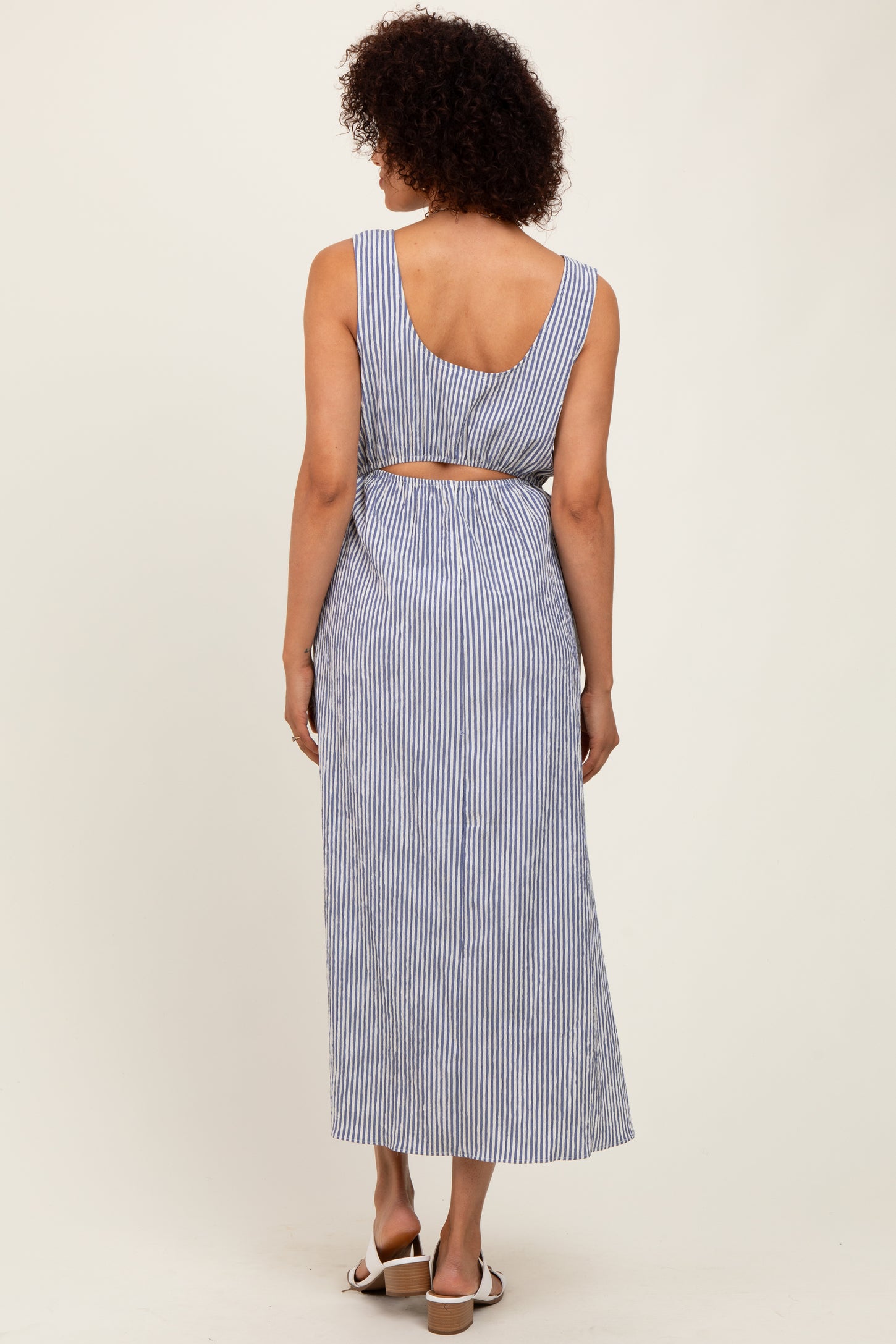 Navy Striped Sleeveless Cutout Side Slit Maxi Dress