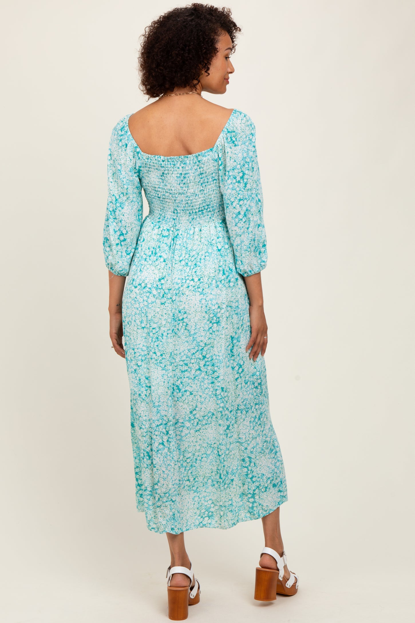 Green Floral Square Neck 3/4 Sleeve Maxi Dress