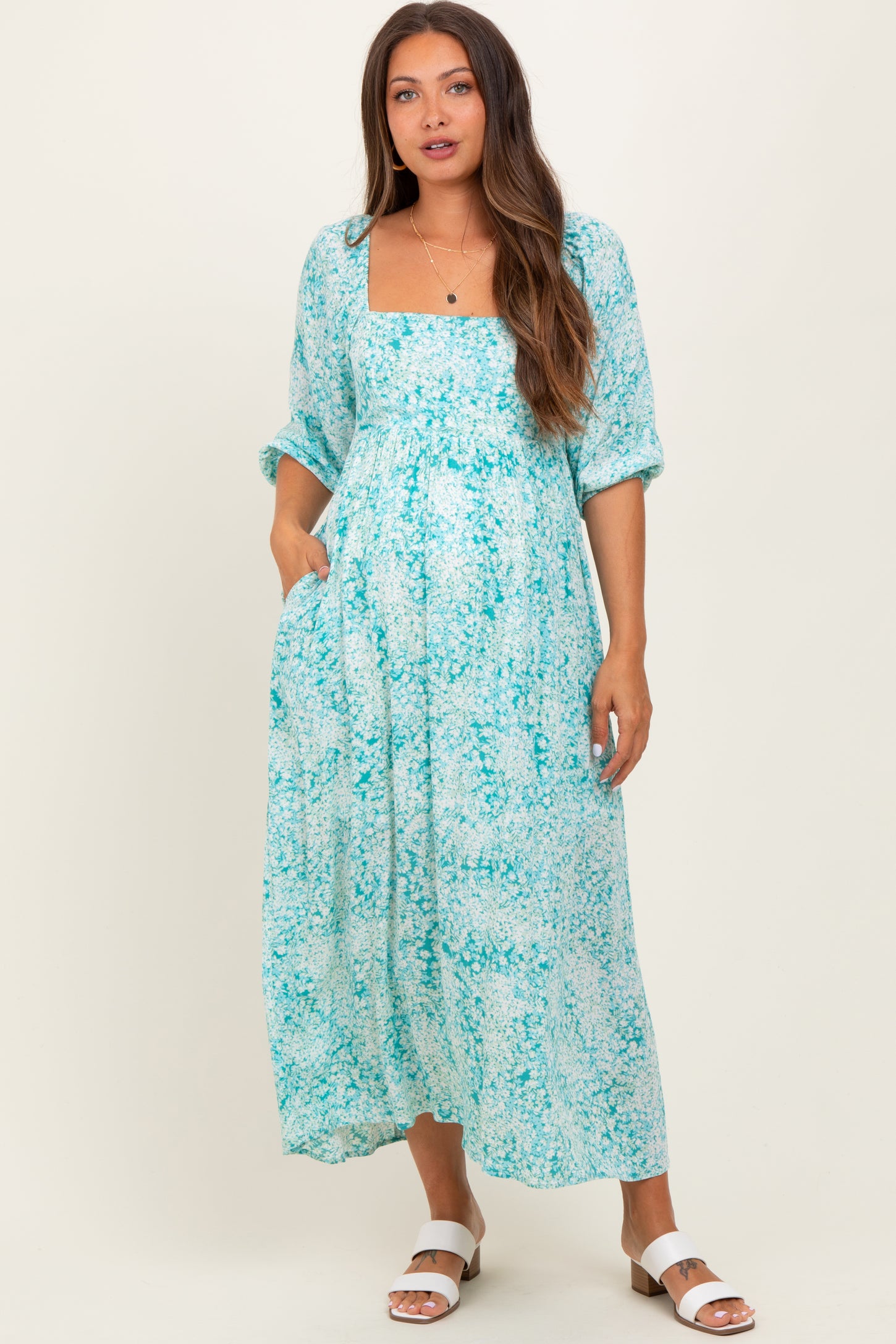 Green Floral Square Neck 3/4 Sleeve Maternity Maxi Dress