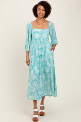 Green Floral Square Neck 3/4 Sleeve Maxi Dress