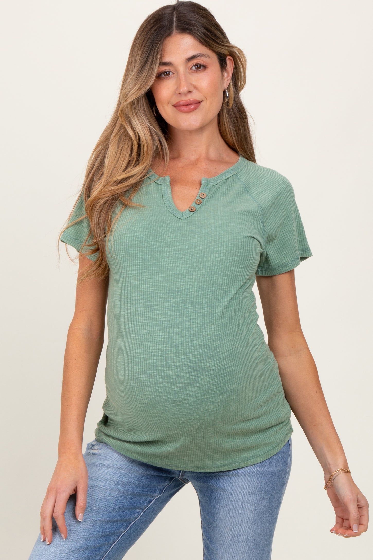 Light Olive Ribbed Split Neckline Short Sleeve Maternity Top
