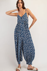 Navy Leaf Print Sleeveless Barrel Leg Jumpsuit