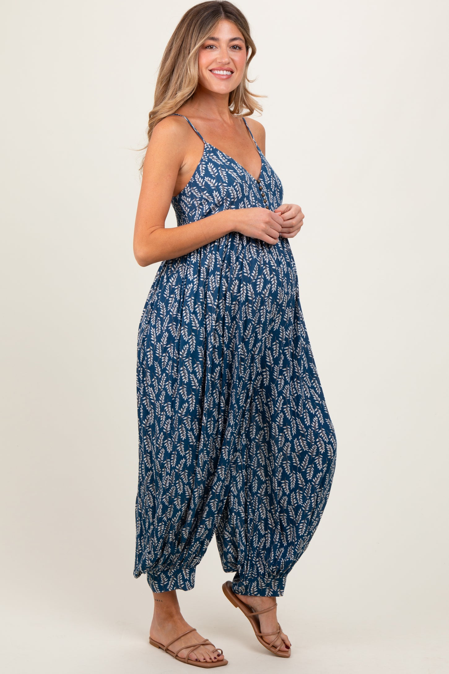 Navy Leaf Print Sleeveless Barrel Leg Maternity Jumpsuit
