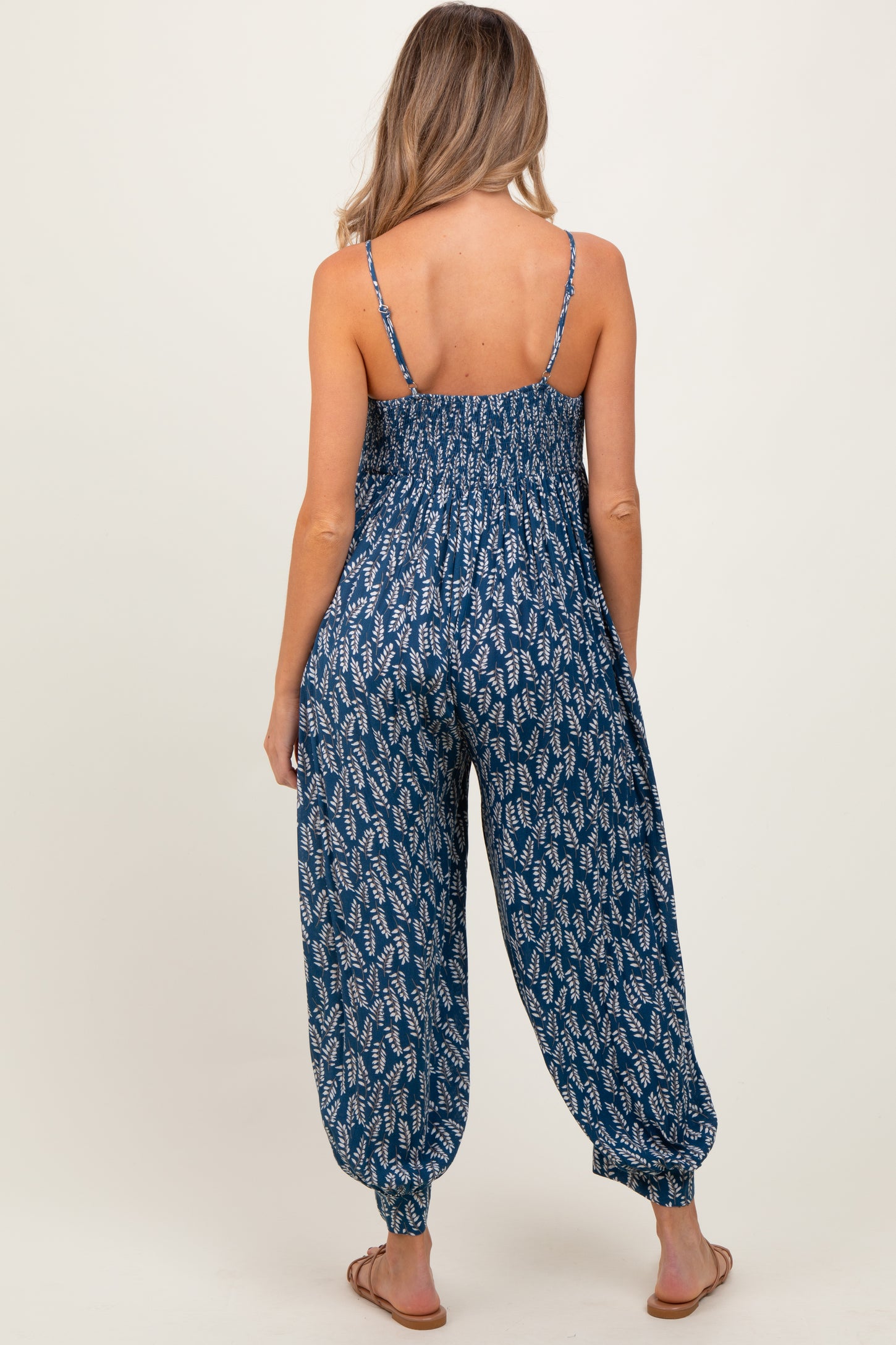 Navy Leaf Print Sleeveless Barrel Leg Maternity Jumpsuit
