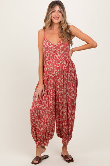 Rust Leaf Print Sleeveless Barrel Leg Maternity Jumpsuit