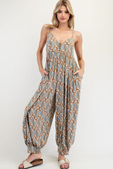 Taupe Printed Sleeveless Barrel Leg Jumpsuit