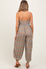 Taupe Printed Sleeveless Barrel Leg Maternity Jumpsuit