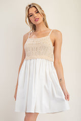 White Crochet Knit Contrast Mini Dress