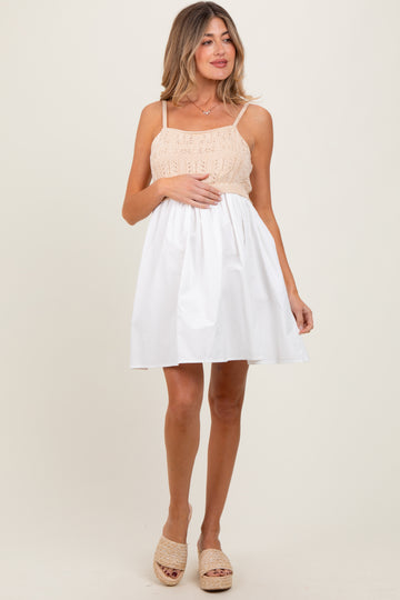 White Crochet Knit Contrast Maternity Mini Dress