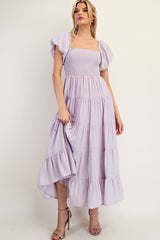 Lavender Smocked Puff Sleeve Tiered Maternity Maxi Dress