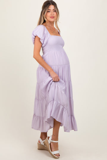 Lavender Smocked Puff Sleeve Tiered Maternity Maxi Dress