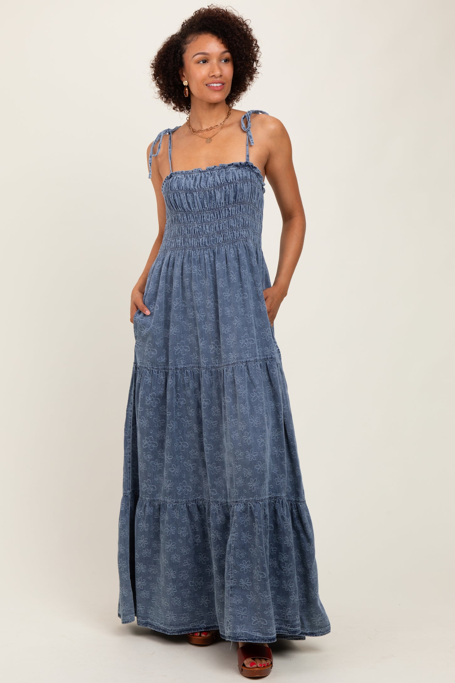 Navy Floral Denim Smocked Tiered Maxi Dress