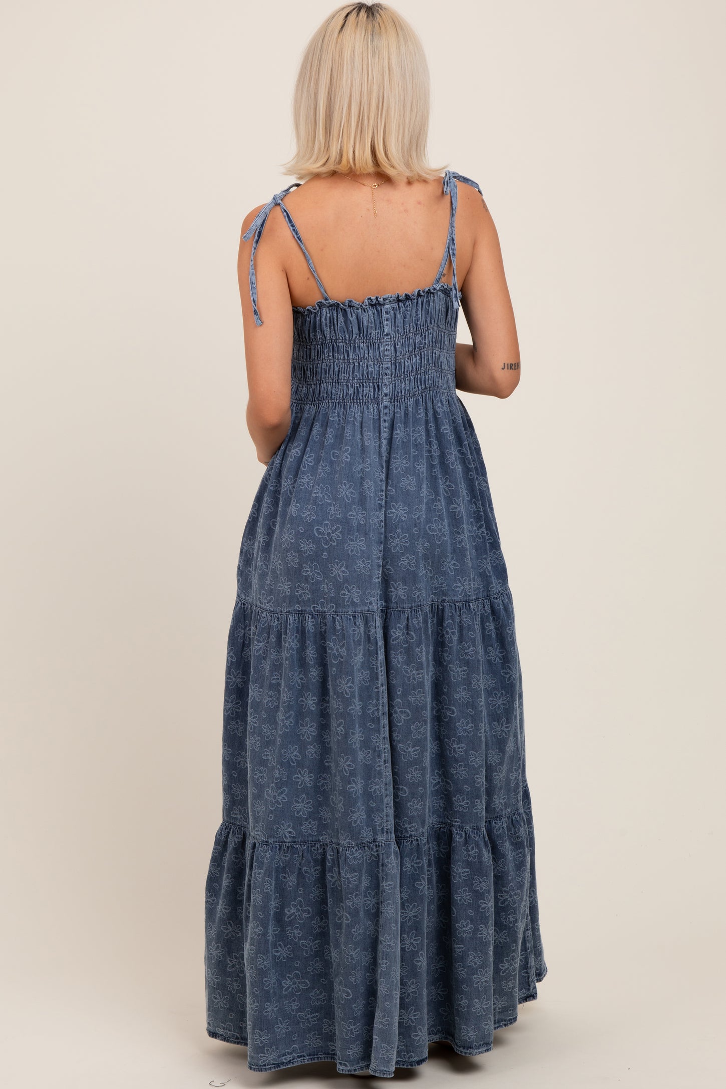 Navy Floral Denim Smocked Tiered Maternity Maxi Dress