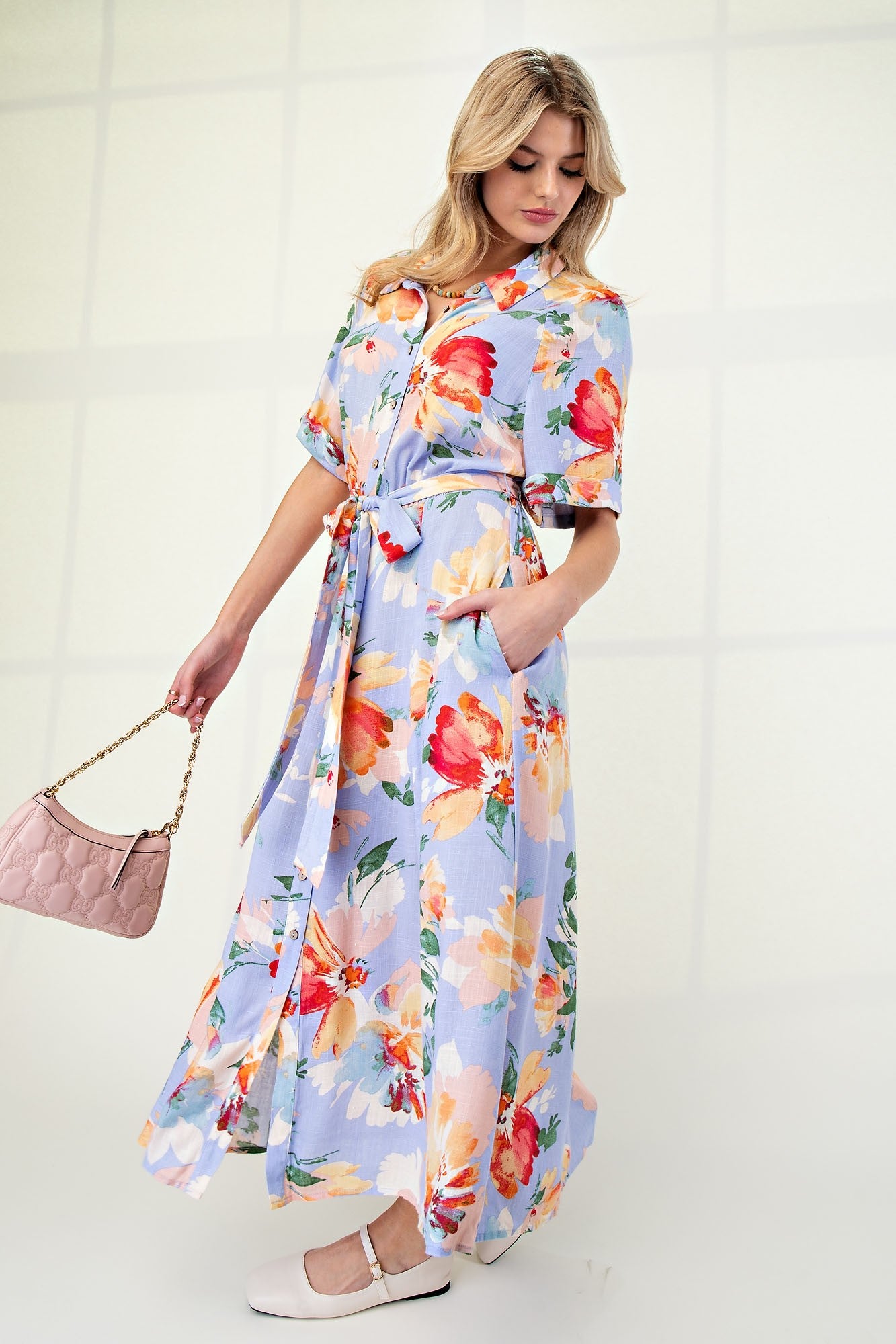Periwinkle Floral Linen Blend Shirt Dress Periwinkle Floral Linen Blend Shirt Dress