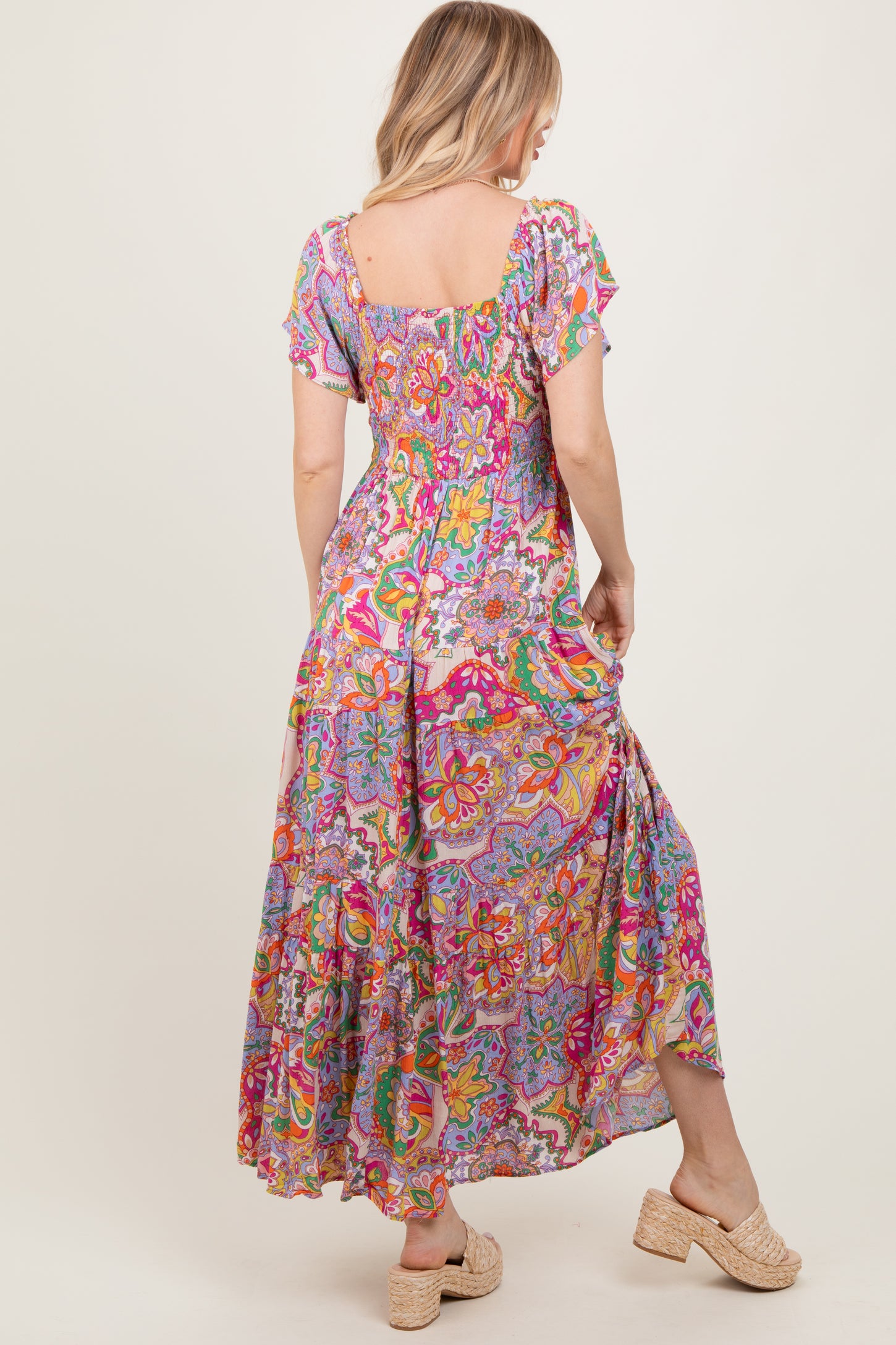 Lavender Floral Paisley Smocked Tiered Maxi Dress