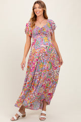 Lavender Floral Paisley Smocked Tiered Maternity Maxi Dress