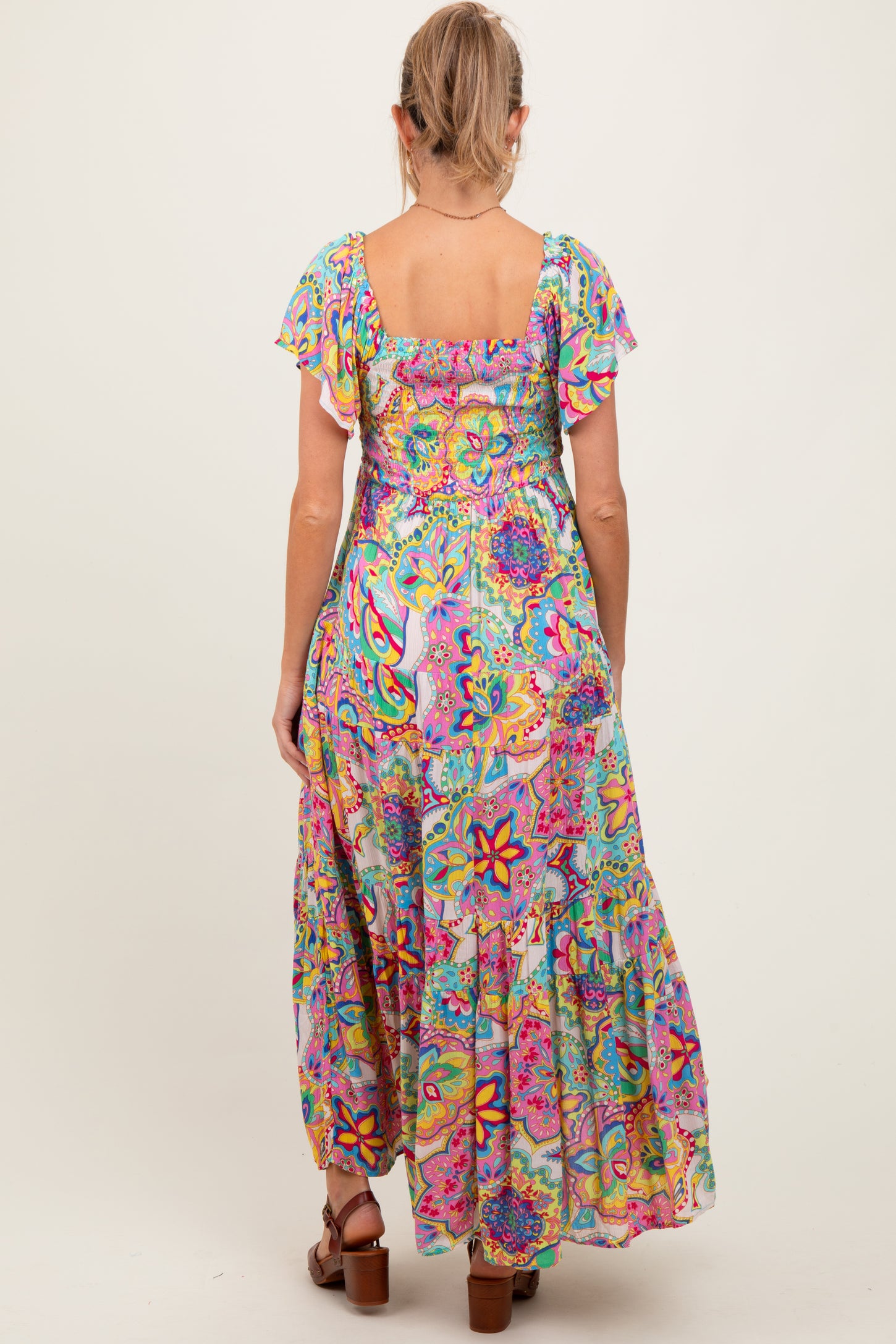 Pink Floral Paisley Smocked Tiered Maternity Maxi Dress