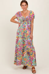 Pink Floral Paisley Smocked Tiered Maxi Dress