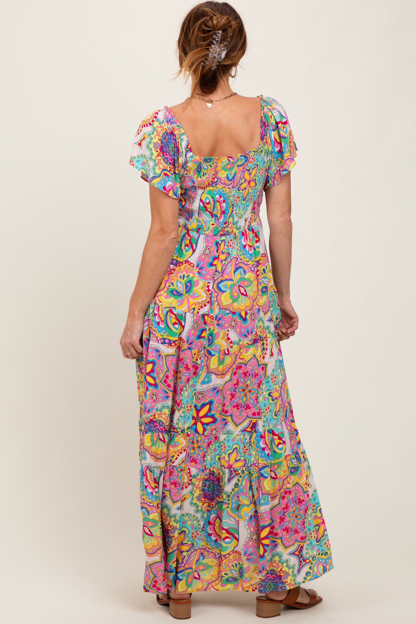 floral paisley maxi dress Pink Floral Paisley Smocked Tiered Maxi Dress PinkBlush