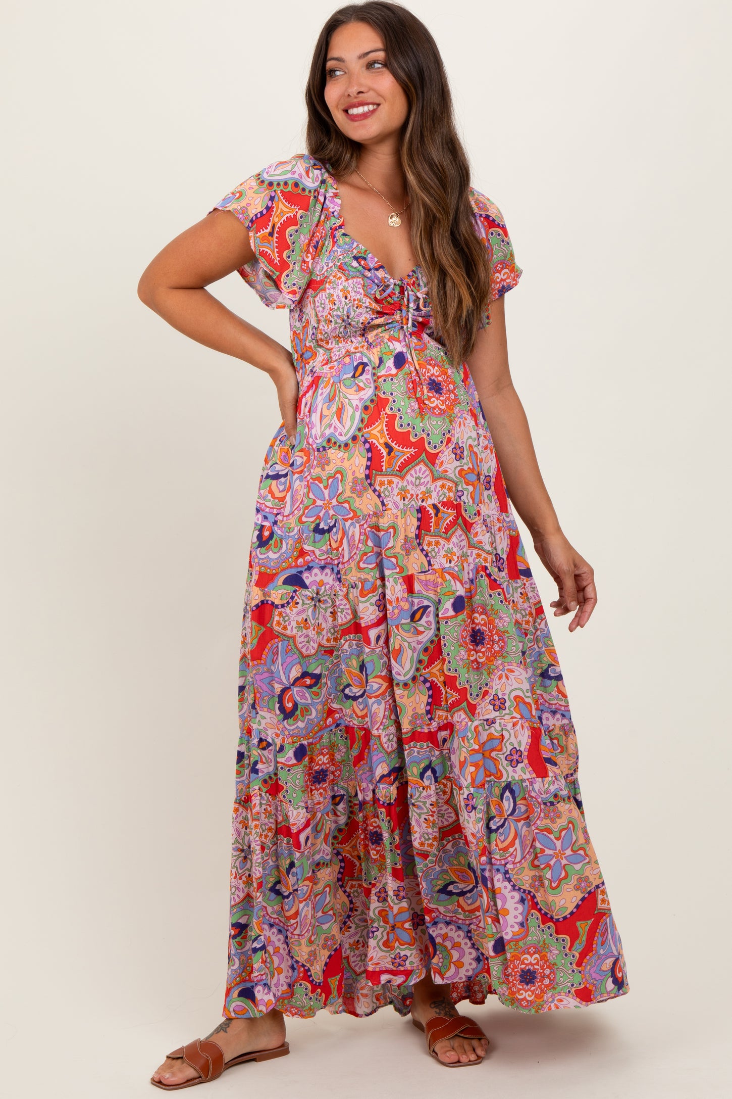 Red Floral Paisley Smocked Tiered Maternity Maxi Dress