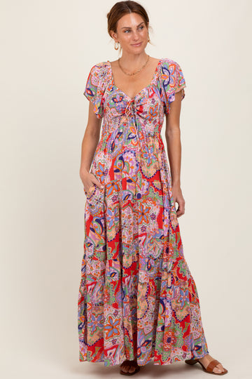 Red Floral Paisley Smocked Tiered Maxi Dress
