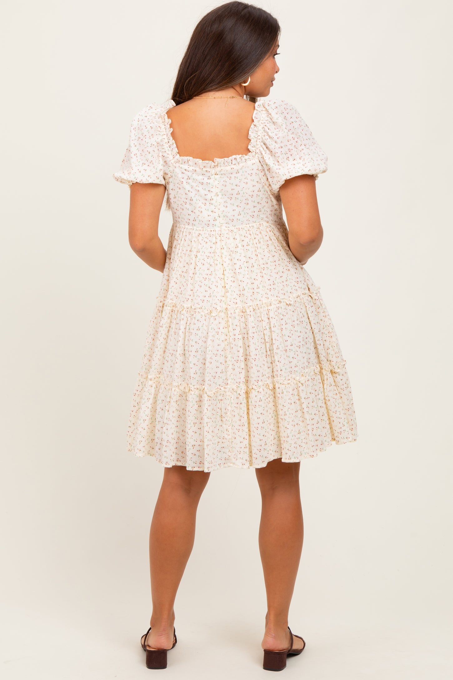Cream Printed Button Up Ruffle Tiered Maternity Dress