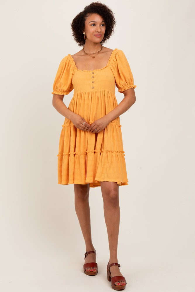 Orange Button Up Ruffle Tiered Dress