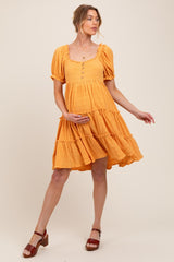 Orange Button Up Ruffle Tiered Maternity Dress