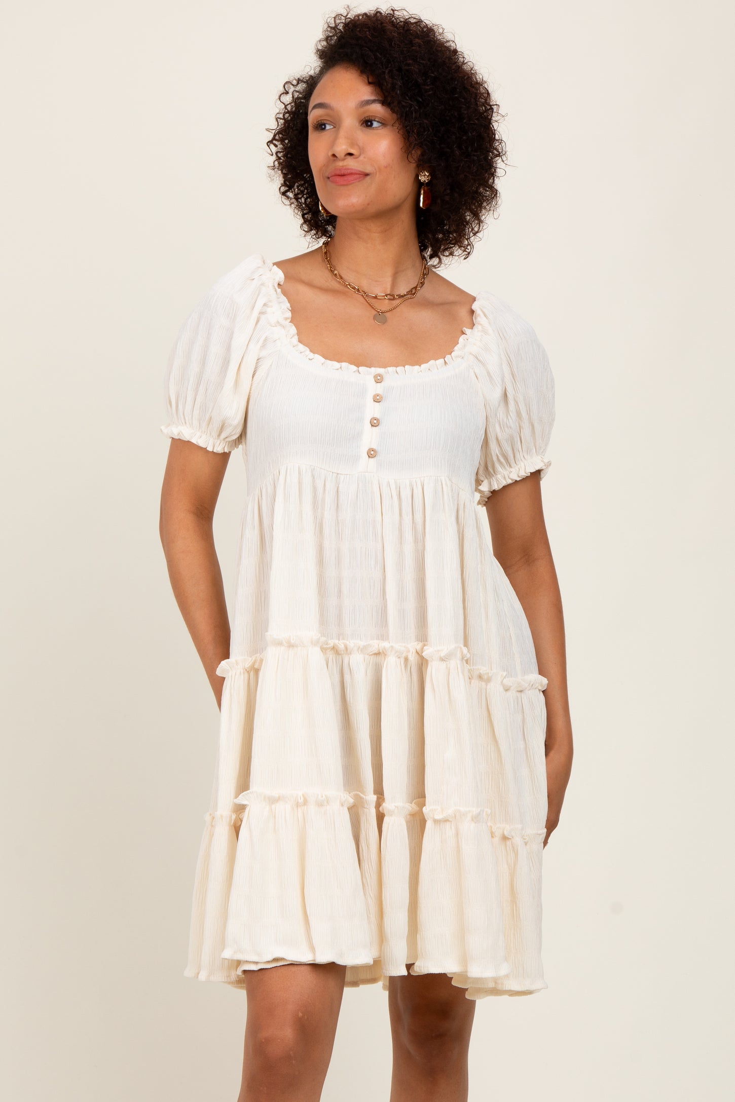 Cream Button Up Ruffle Tiered Dress – PinkBlush