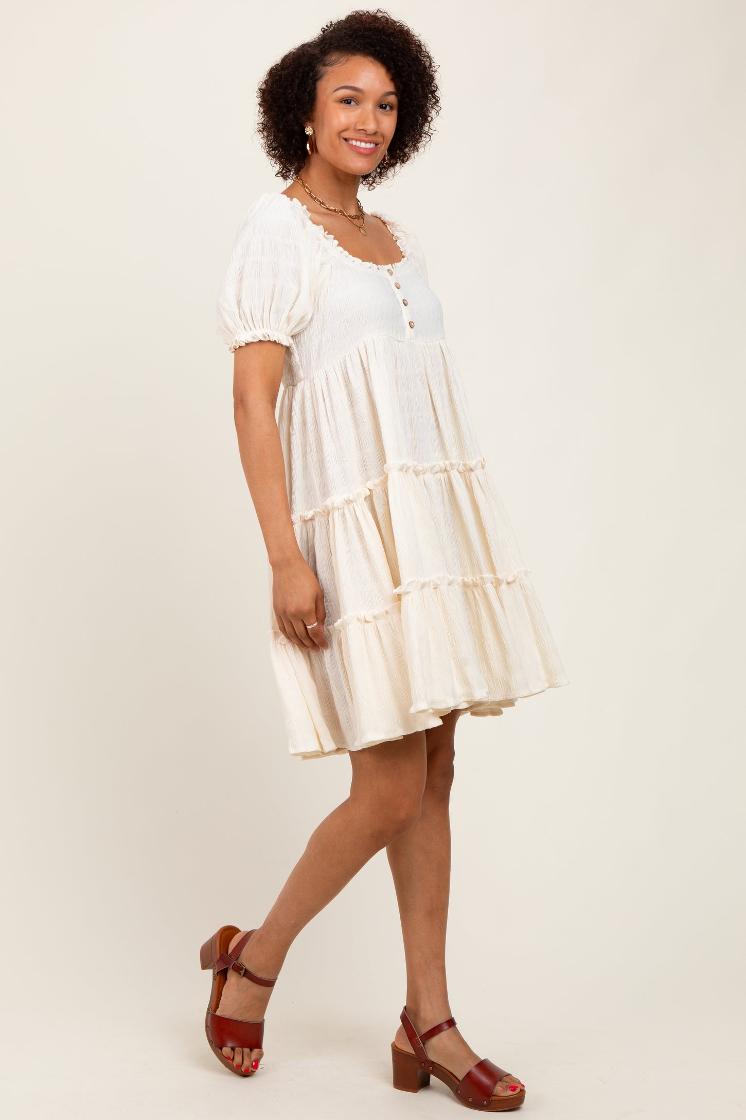 Cream Button Up Ruffle Tiered Dress