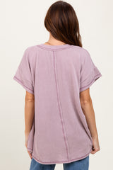 Mauve Striped Ribbed V-Neck Oversized Short Sleeve Top