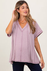Mauve Striped Ribbed V-Neck Oversized Short Sleeve Maternity Top