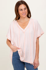 Peach Striped Ribbed V-Neck Oversized Short Sleeve Maternity Top