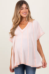 Peach Striped Ribbed V-Neck Oversized Short Sleeve Maternity Top