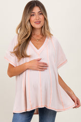 Peach Striped Ribbed V-Neck Oversized Short Sleeve Maternity Top
