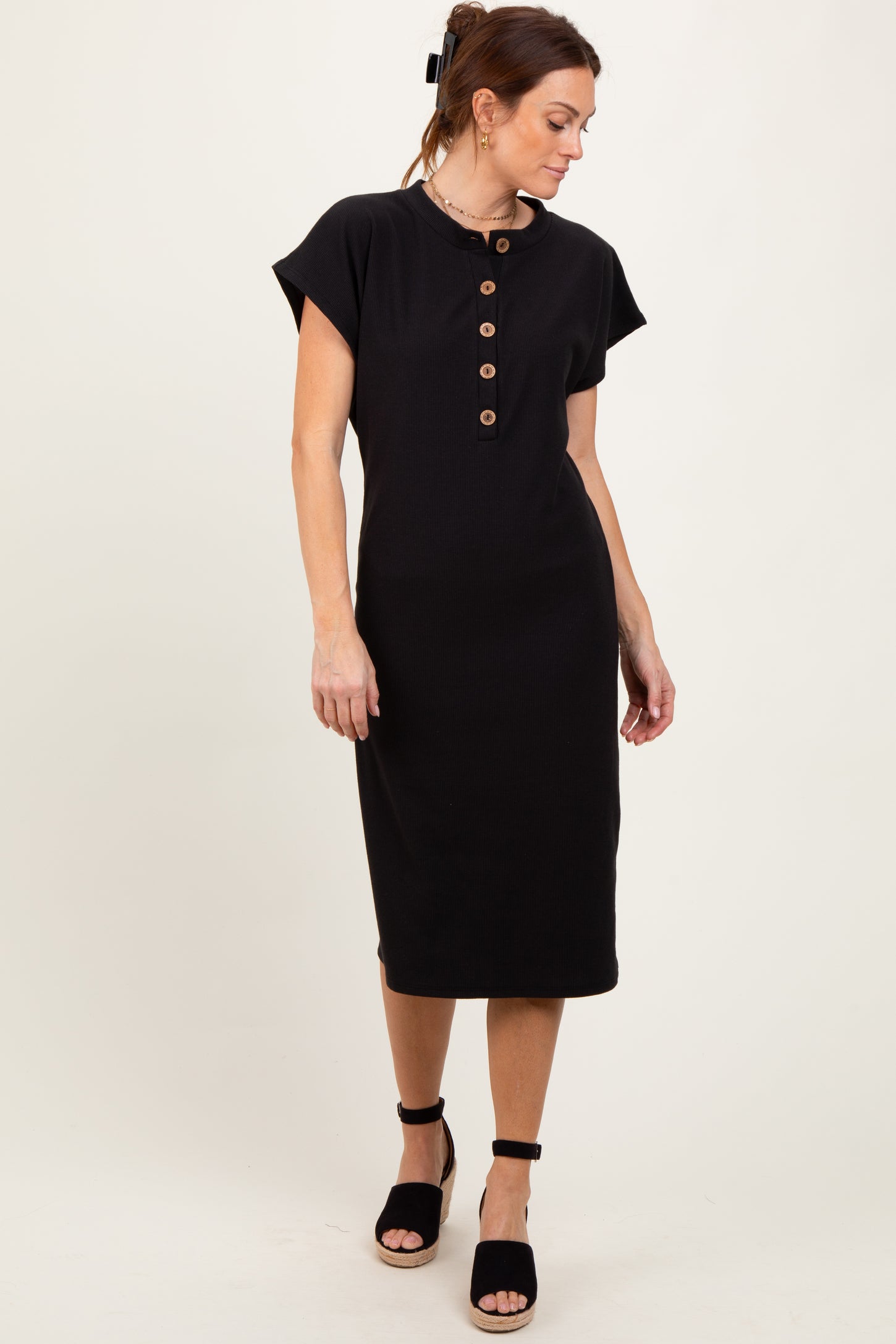 Black Solid Ribbed Short Sleeve Button Down Knit Midi Dress