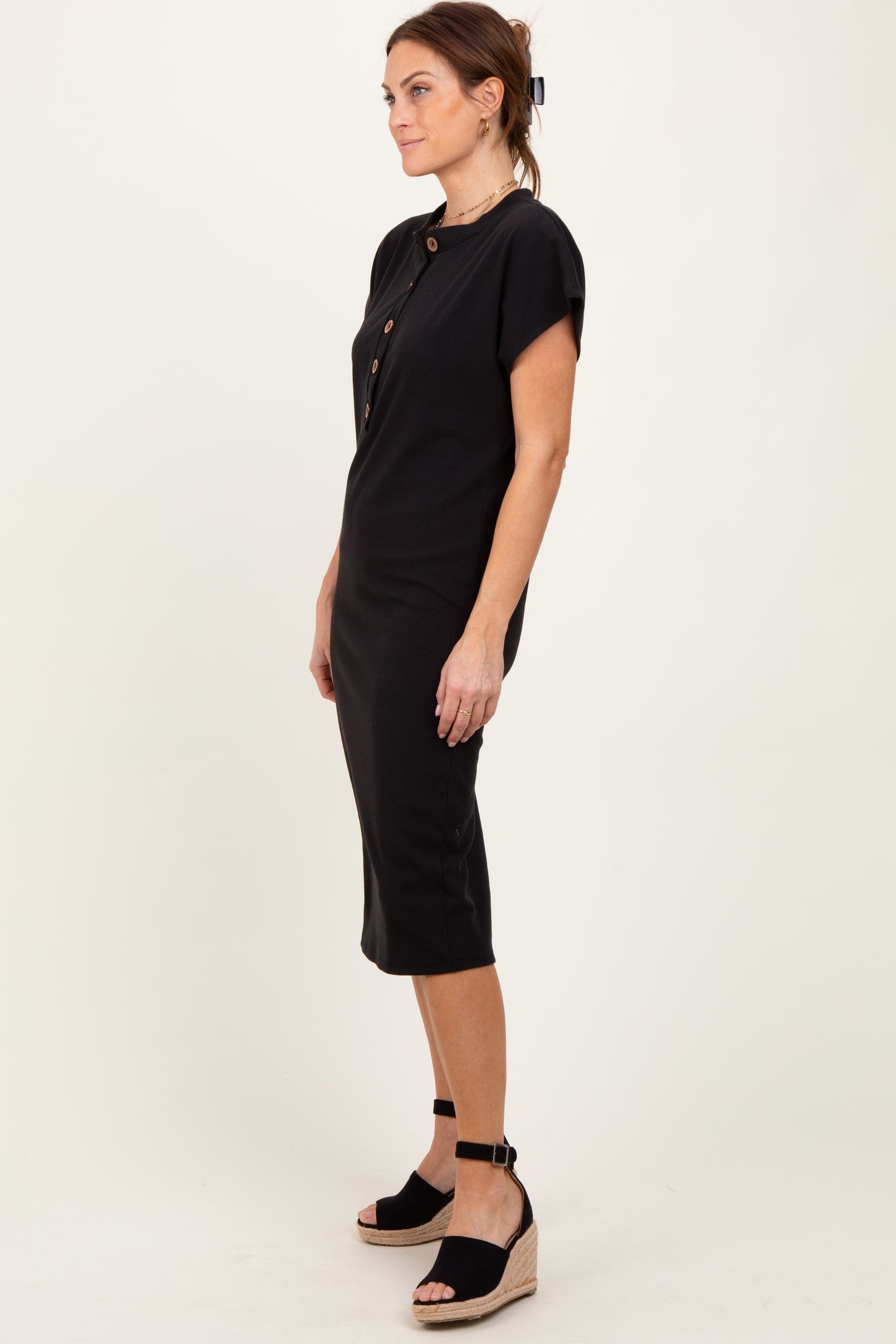 Black Solid Ribbed Short Sleeve Button Down Knit Midi Dress Black Solid Ribbed Short Sleeve Button Down Knit Midi Dress